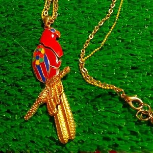 Parrot Extra Long Necklace.  Gold Tone. Double Chain.